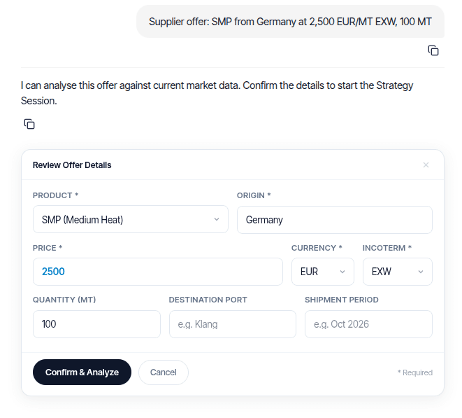 Dairy Chat interface: a supplier offer entered for review before analysis